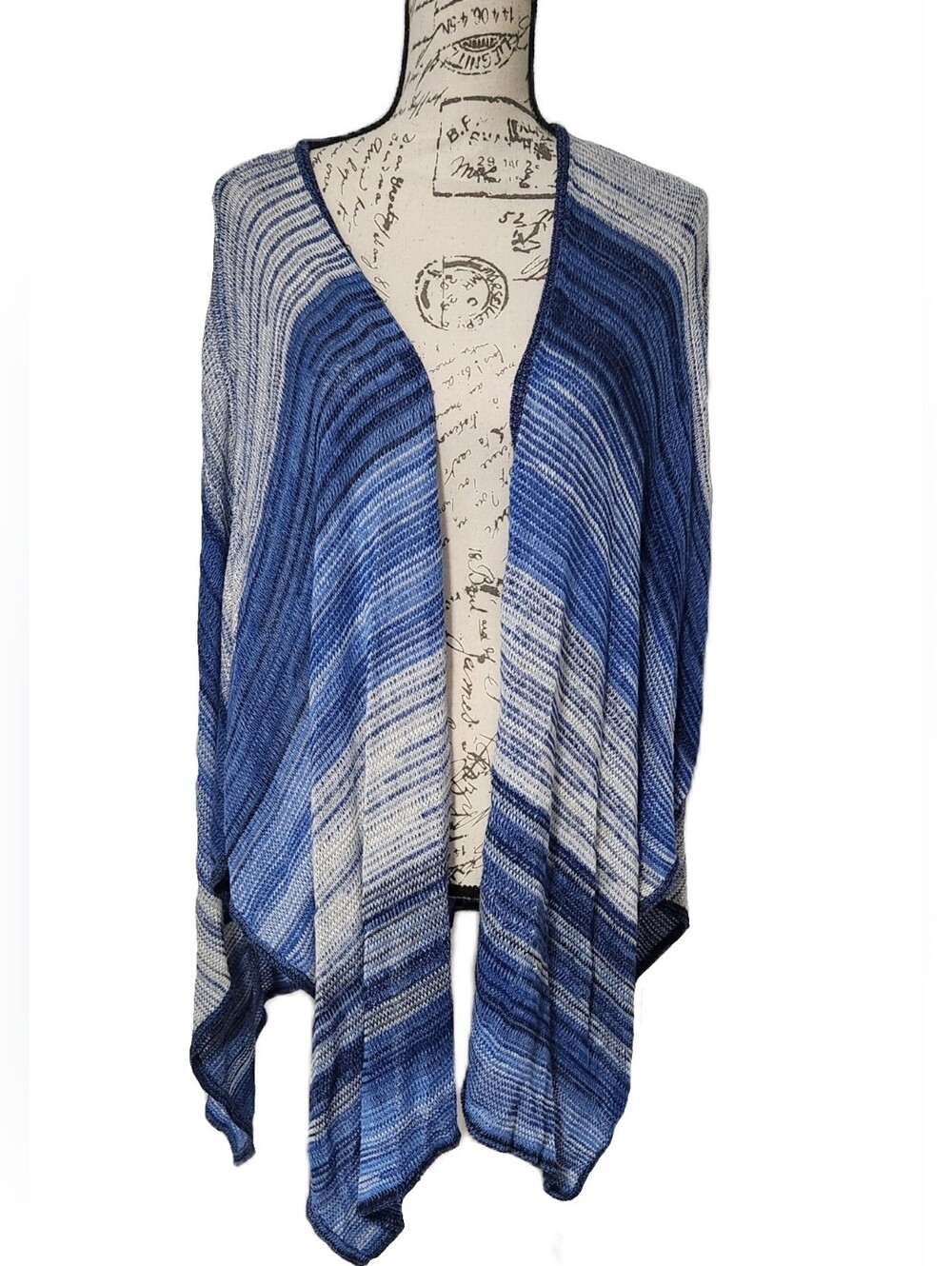 Sweet Romeo Blue and White Striped Knit Open Front Poncho Cape Oversized Sm EUC